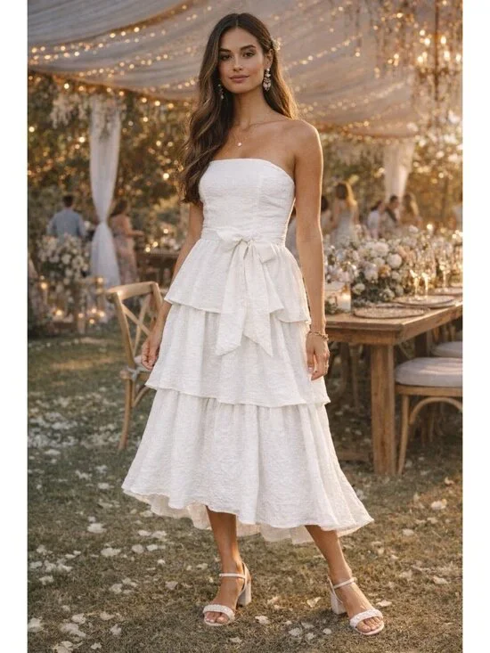 Lulus Truly Marvelous Midi Dress Sz Medium White Jacquard Strapless Tiered Belt - Picture 2 of 7